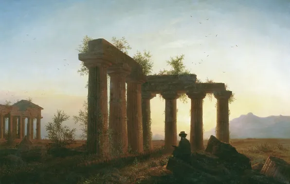 People, The ruins, painting, sunset, Greek temple