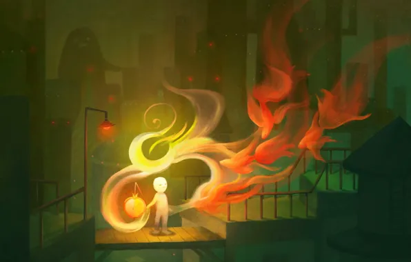 Picture light, fire, Figure, lantern
