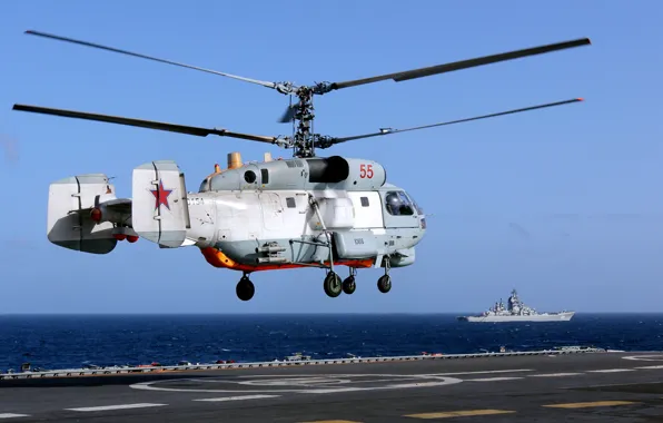 Picture from the deck, cruiser, takes off, Admiral Kuznetsov, aircraft carrier, heavy, The Ka-27 Helicopter