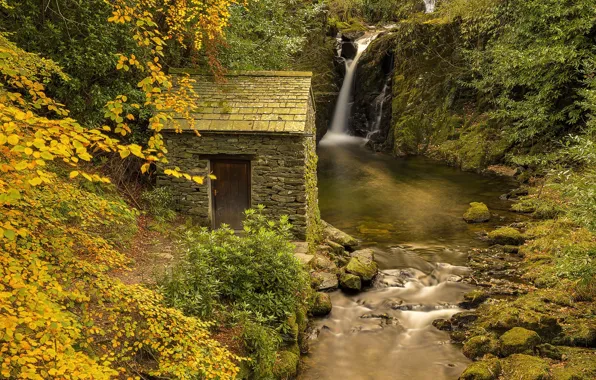 Autumn, waterfall, house