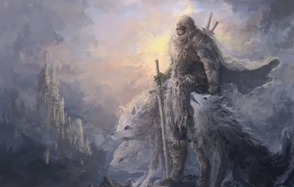 Clouds, castle, dal, mask, Warrior, wolves, fortress, swords