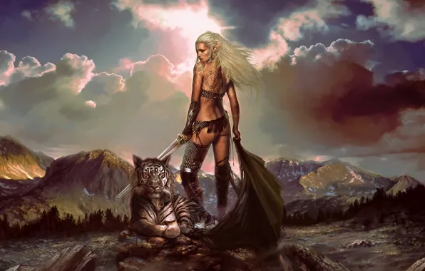Girl, mountains, tiger, sword, elf, cloak, Art