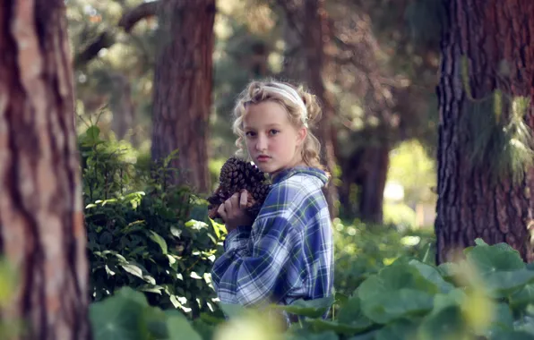 Picture forest, girl, trees, blonde, bumps