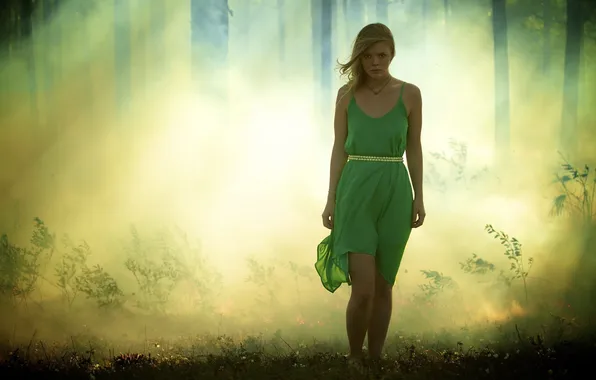 Forest, girl, fog