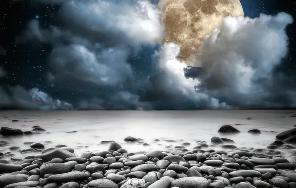 Moon, beach, sky, sea, night, clouds, stones, moonlight