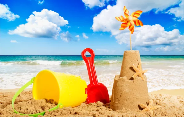 Picture sand, sea, beach, the sky, clouds, tower, bucket, beach