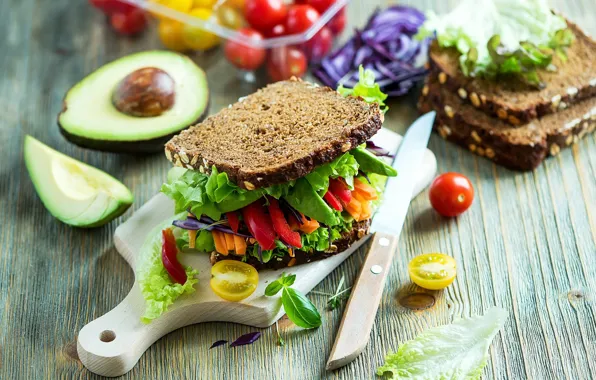 Pepper, sandwich, vegetables, tomatoes, salad, avocado