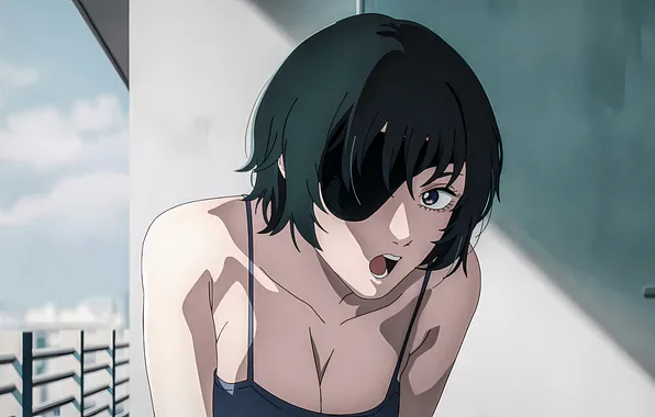 Chest, anime, Mike, headband, high quality, looking at the viewer, cute girl, dark hair
