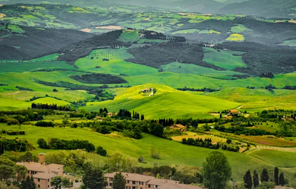 Field, trees, home, Italy, panorama, Tuscany