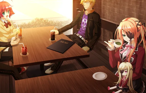 Bench, table, doll, art, students, eye patch, visual novel, shinigami no testament