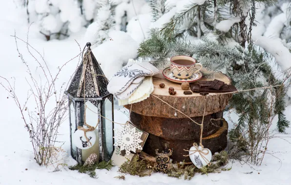 Winter, snow, decoration, tea, toys, tree, chocolate, New Year
