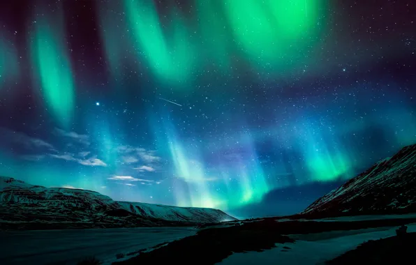 Stars, mountains, night, Northern lights, North
