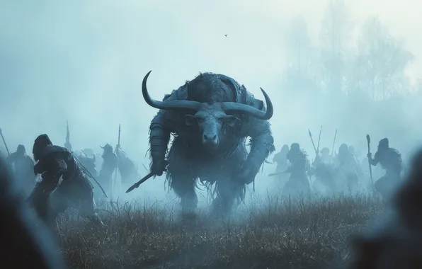 Fog, The battle, Monster, Warriors, Horns, Digital art, The Minotaur, Minotaur