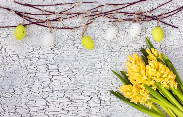 Flowers, eggs, colorful, Easter, happy, yellow, wood, Verba