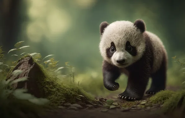 Look, leaves, nature, Panda, bear, walk, face, AI art