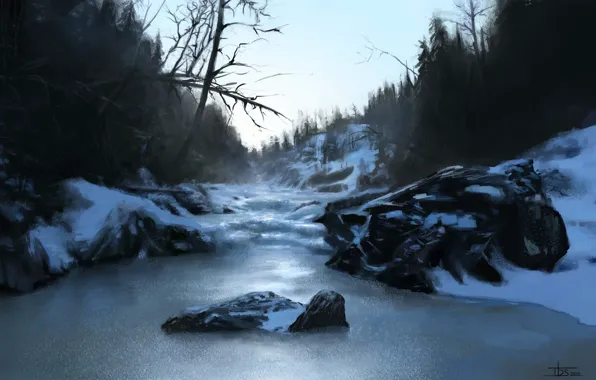 Winter, forest, snow, nature, river, stones, hills, art