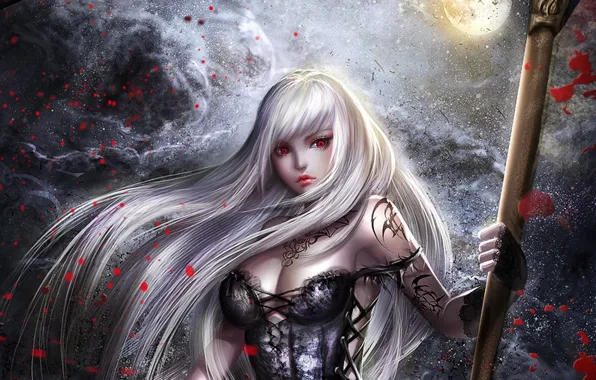 Girl, night, weapons, the moon, anime, art, braid, noblesse