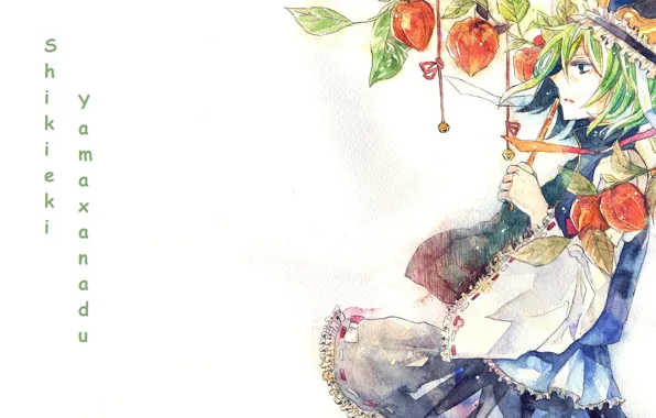 Hat, priestess, green hair, in profile, Touhou Project, watercolor painting, Project East, Shikieiki Yamaxanadu
