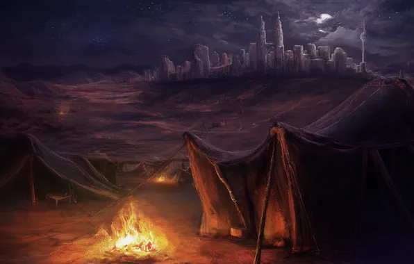 Night, the city, the fire, art, tents