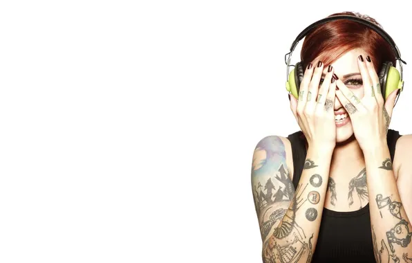 Picture girl, laughter, headphones, tattoo