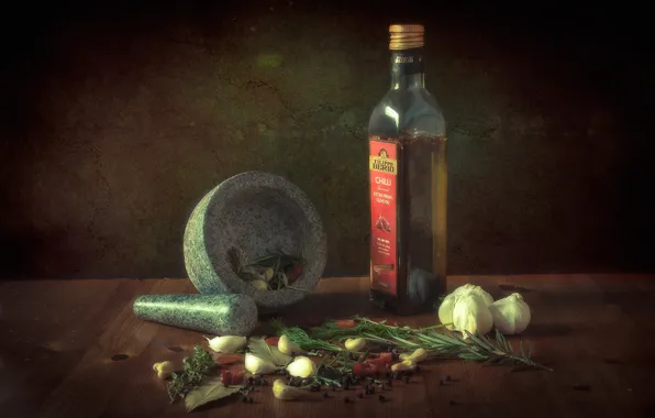 Bottle, oil, pepper, still life, spices, garlic