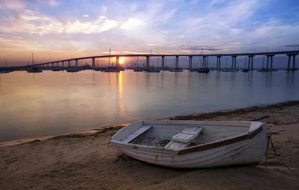 Sea, sunset, bridge, boat, ship, yacht