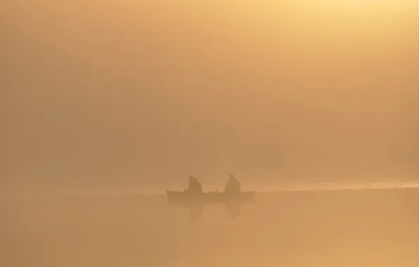 Picture fog, lake, river, people, boat, fishermen