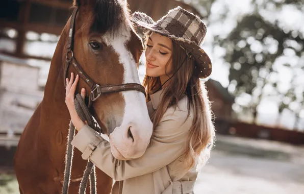 Look, girl, light, smile, horse, horse, portrait, hat