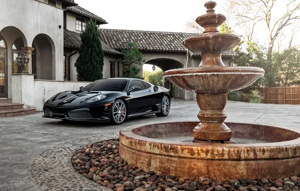 House, black, fountain, F430, Ferrari, supercar, Ferrari, Black