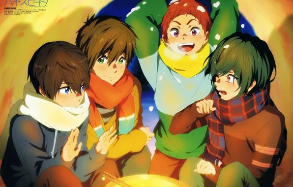 Cold, snow, fire, scarf, friends, free, nanase haruka, tachibana makoto