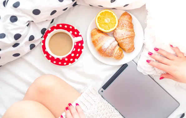 Picture girl, feet, coffee, Breakfast, morning, bed, tablet, croissants