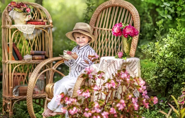 Picture summer, joy, flowers, childhood, comfort, books, chair, hat