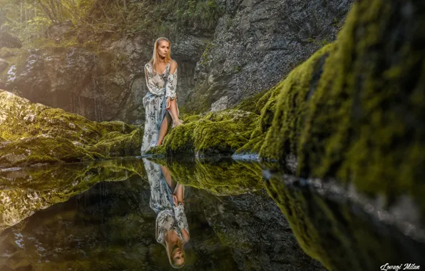 Pose, reflection, stones, model, moss, portrait, makeup, dress