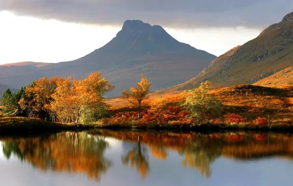 Picture autumn, the sky, trees, mountains, clouds, lake