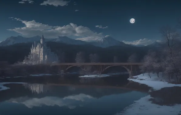 Moon, river, landscape, bridge, night, winter, castle, mount