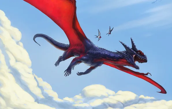 The sky, clouds, bird, dragon, figure, fantasy, art