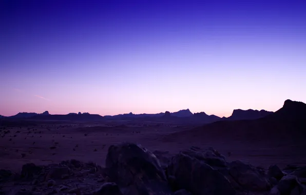 Purple, the sky, blue, stones, desert, valley, twilight