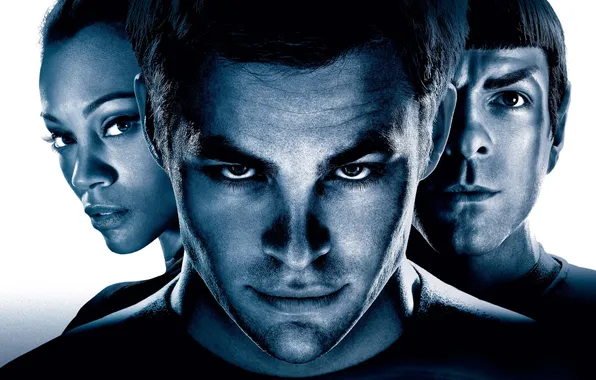 Picture face, white background, Star trek, Star Trek, poster, Chris Pine, Zoe Saldana, Zachary Quinto