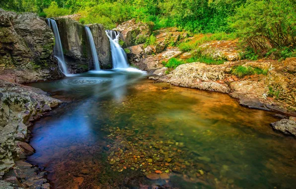 Greens, forest, the sun, trees, stream, stones, waterfall, Brazil