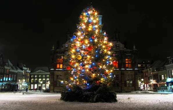 Lights, holidays, Christmas, square, night, winter, snow, tree
