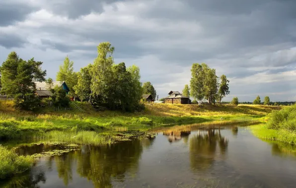 Picture the sky, grass, trees, pond, shore, Village, houses, grey