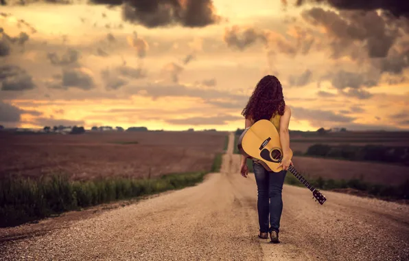 Picture road, girl, the way, guitar, space