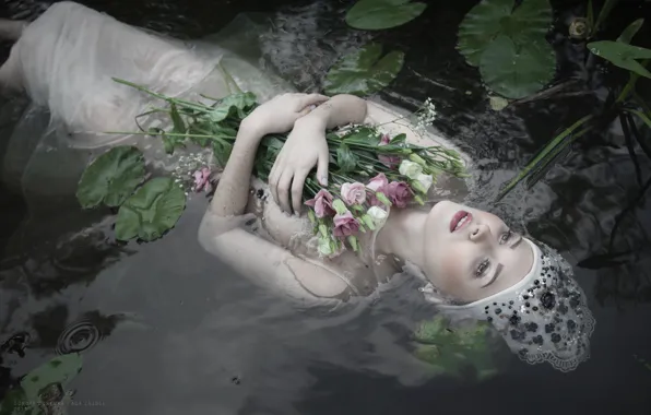 Water, girl, flowers, Patricia Iwańska