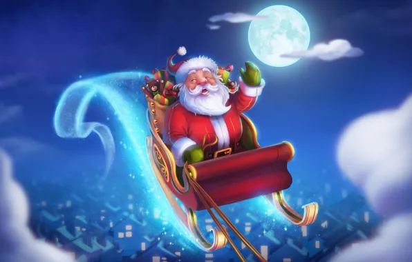 Winter, Night, Figure, The moon, Christmas, Holiday, Santa Claus, Art
