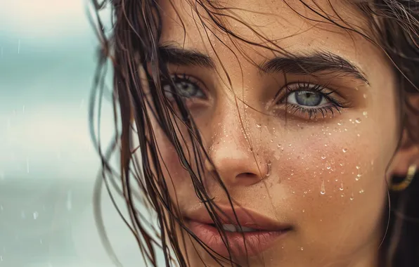 Look, water, girl, drops, squirt, close-up, face, portrait