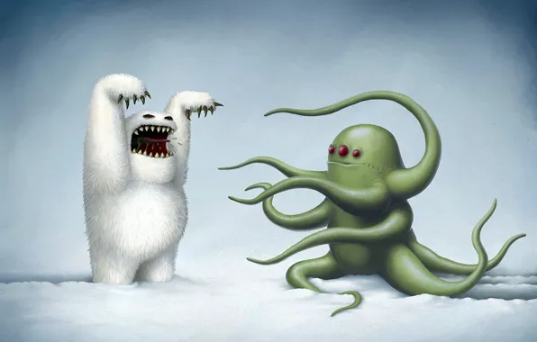 Winter, snow, figure, octopus, monsters, Yeti, rob sheridan, black humor