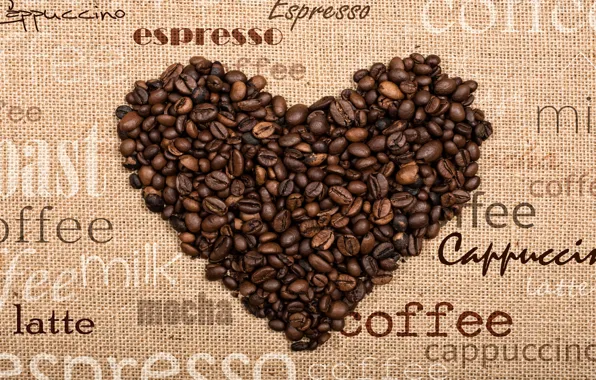 Labels, coffee, coffee beans, the heart
