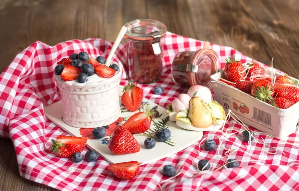 Picture strawberry, dessert, blueberries, yogurt