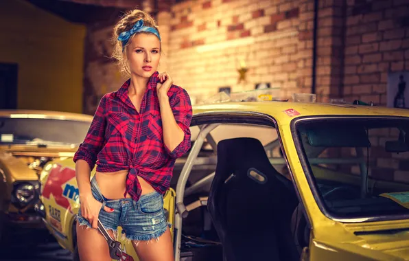 Girl, shorts, legs, beautiful, workshop, car
