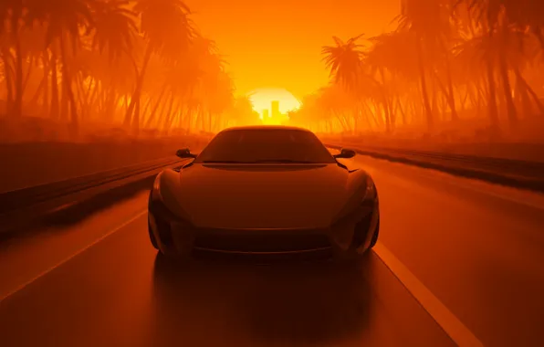 Picture Sunset, The sun, Auto, Road, Machine, Palm trees, Graphics, Rendering
